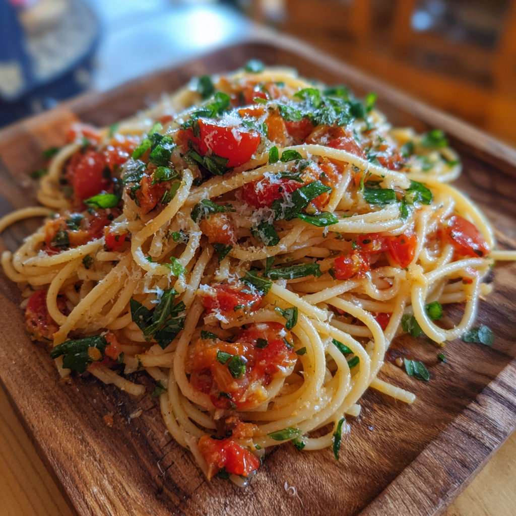 Spaghetti mit Tomaten und Basilikum